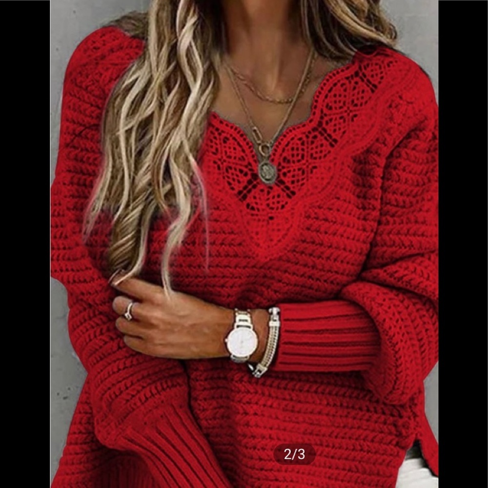 Red contrast lace split hem long sleeve sweater. - Picture 2 of 7